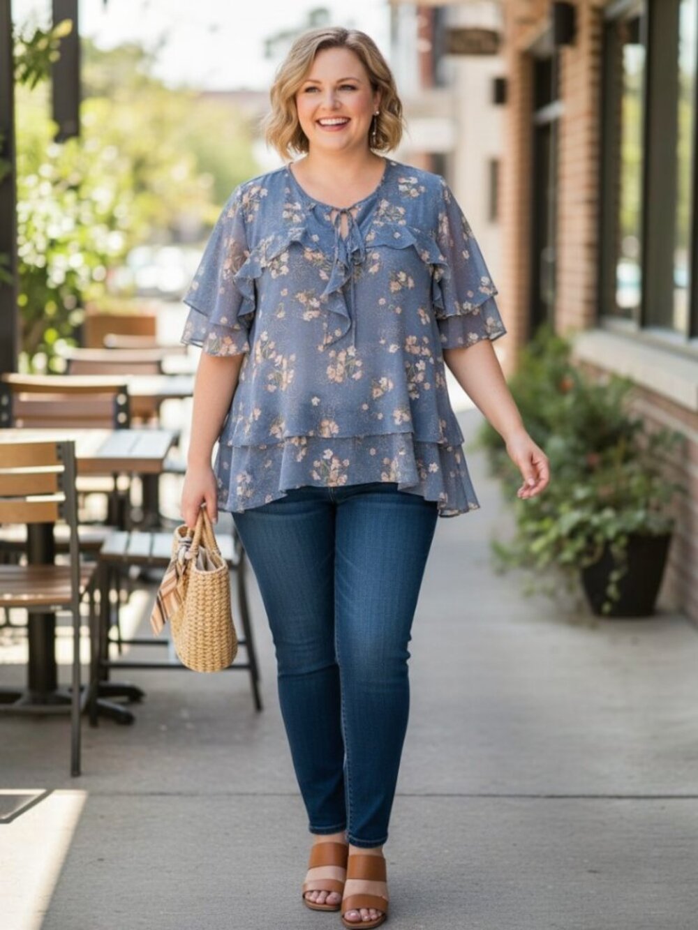 Torrid Blue Floral Ruffle Tie-Neck Blouse Size 2